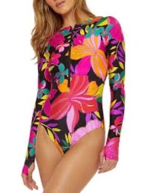 NEW Trina Turk Solar Floral One-Piece Swimsuit Rashguard Paddle Suit Black Pink